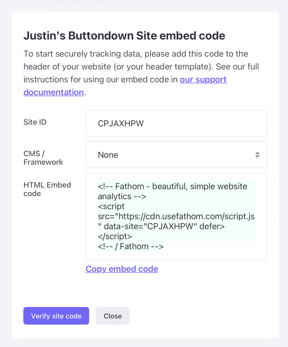 An embed code for a new Fathom site.