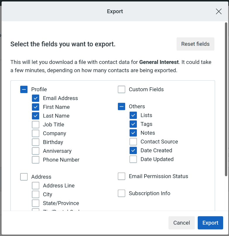 A screenshot of the Constant Contact export field selector