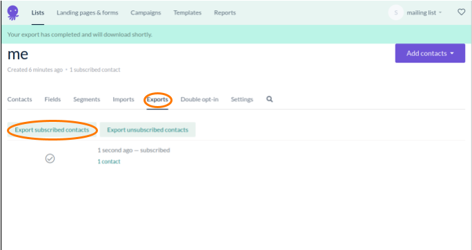 A screenshot of the EmailOctopus export process