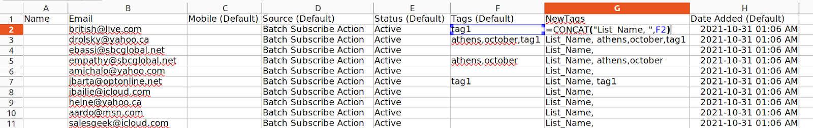 Screenshot of adding list name to other tags in a spreadsheet editor