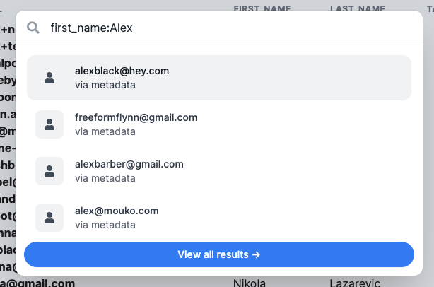 A screenshot showing example results when one searches for metadata.