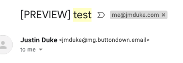 A screenshot of Gmail showing an email sent from Buttondown's servers.